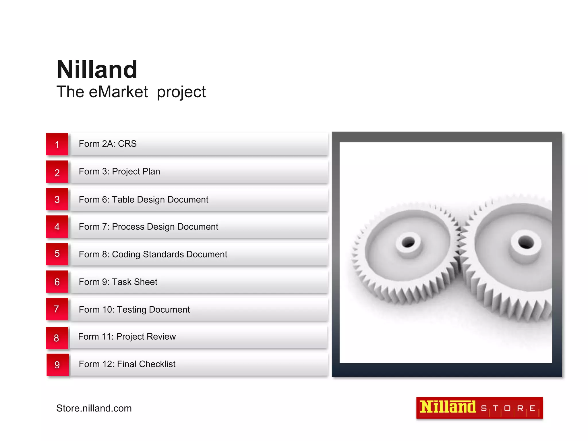 NillandThe eMarket  projectForm 2A: CRS1Form 3: Project Plan23Form 6: Table Design Document4Form 7: Process Design Document5Form 8: Coding Standards Document6Form 9: Task Sheet7Form 10: Testing DocumentForm 11: Project Review8	Form 12: Final Checklist9Store.nilland.com