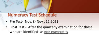 Numeracy Test Schedule
• Pre Test- Nov. 8- Nov . 12,2021
• Post Test - After the quarterly examination for those
who are identified as non numerates
 