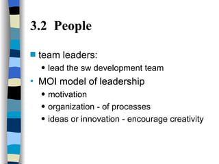3.2  People team leaders: lead the sw development team MOI model of leadership motivation organization - of processes ideas or innovation - encourage creativity 