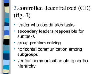 2. controlled decentralized (CD) (fig. 3) leader who coordinates tasks secondary leaders responsible for subtasks group problem solving horizontal communication among subgroups vertical communication along control hierarchy 