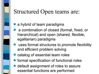 Structured Open teams are: a hybrid of team paradigms a combination of closed (formal, fixed, or hierarchical) and open (shared, flexible, egalitarian) paradigms uses formal structures to promote flexibility and efficient problem solving catalog of essential team roles formal specification of functional roles default assignment of roles to assure essential functions are performed 