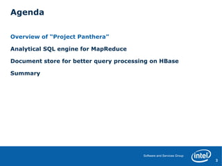 Agenda

Overview of “Project Panthera”

Analytical SQL engine for MapReduce

Document store for better query processing on HBase

Summary




                                        Software and Services Group
                                                                      ‹#›
                                                                       3
 