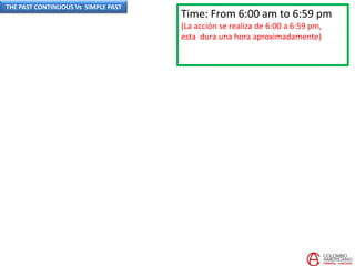 Time: From 6:00 am to 6:59 pm
(La acción se realiza de 6:00 a 6:59 pm,
esta dura una hora aproximadamente)
THE PAST CONTINUOUS Vs SIMPLE PAST
 