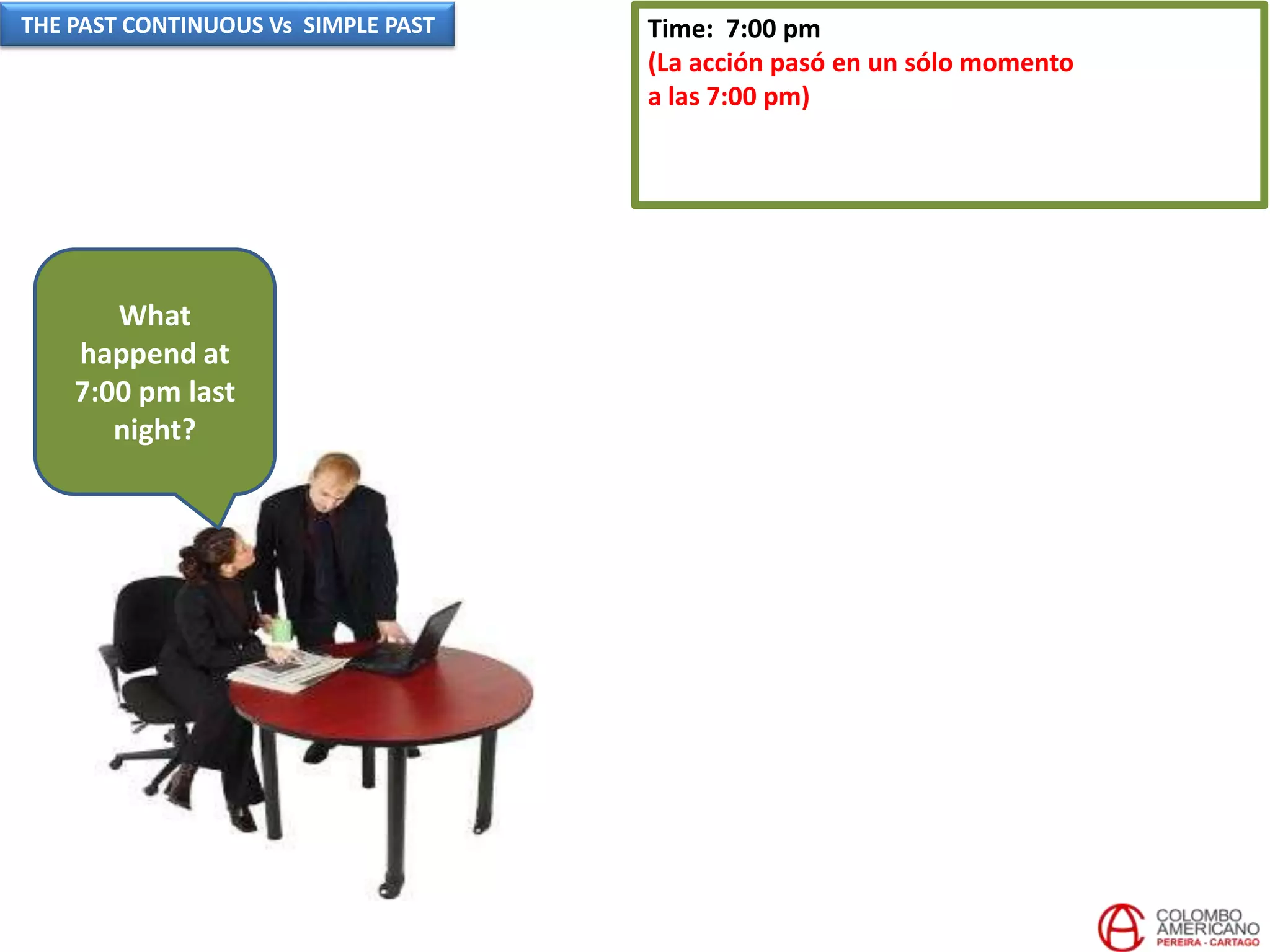Time: 7:00 pm
(La acción pasó en un sólo momento
a las 7:00 pm)
What
happend at
7:00 pm last
night?
THE PAST CONTINUOUS Vs SIMPLE PAST
 