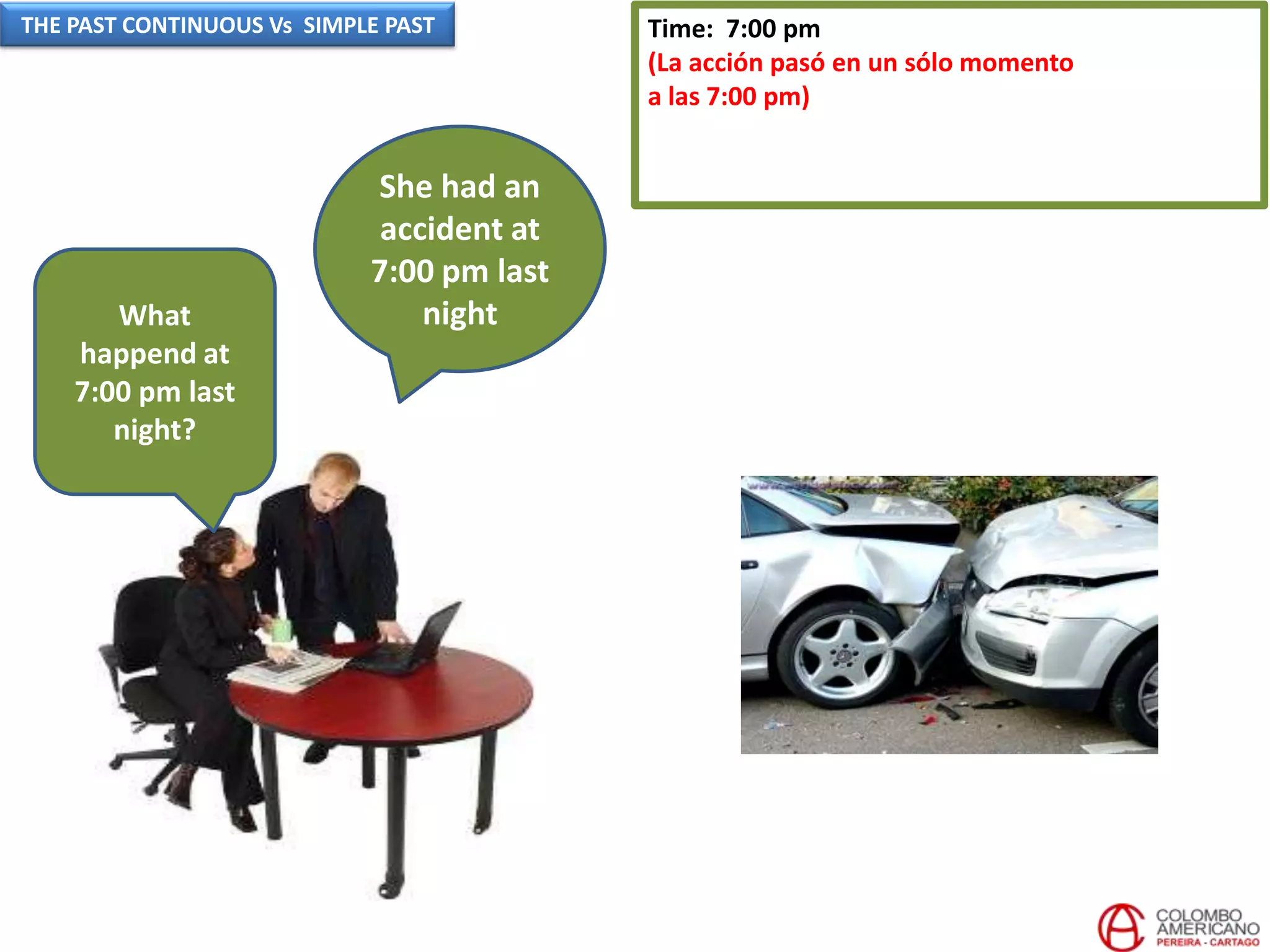 Time: 7:00 pm
(La acción pasó en un sólo momento
a las 7:00 pm)
She had an
accident at
7:00 pm last
nightWhat
happend at
7:00 pm last
night?
THE PAST CONTINUOUS Vs SIMPLE PAST
 