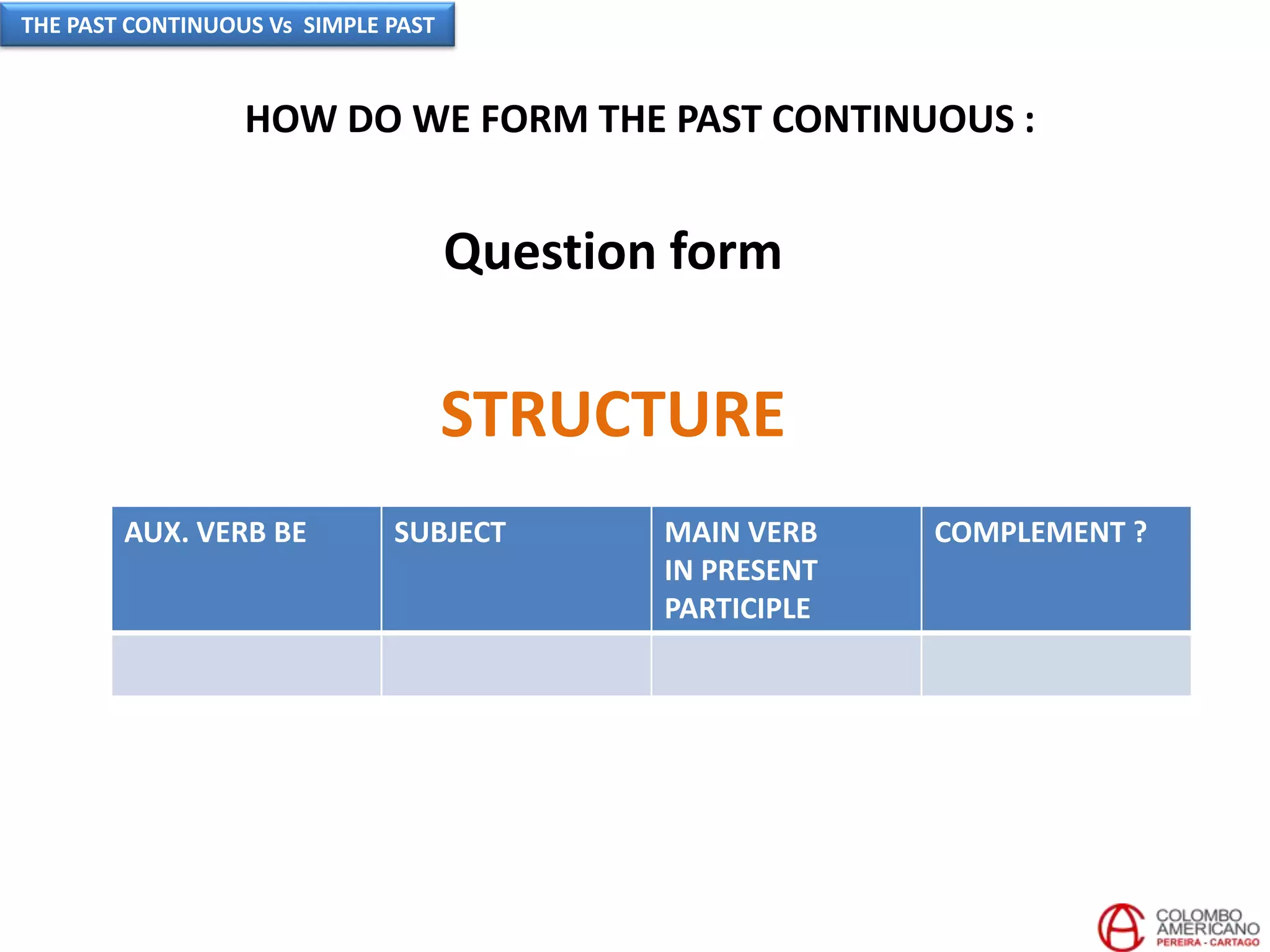 HOW DO WE FORM THE PAST CONTINUOUS :
STRUCTURE
AUX. VERB BE SUBJECT MAIN VERB
IN PRESENT
PARTICIPLE
COMPLEMENT ?
Question form
THE PAST CONTINUOUS Vs SIMPLE PAST
 