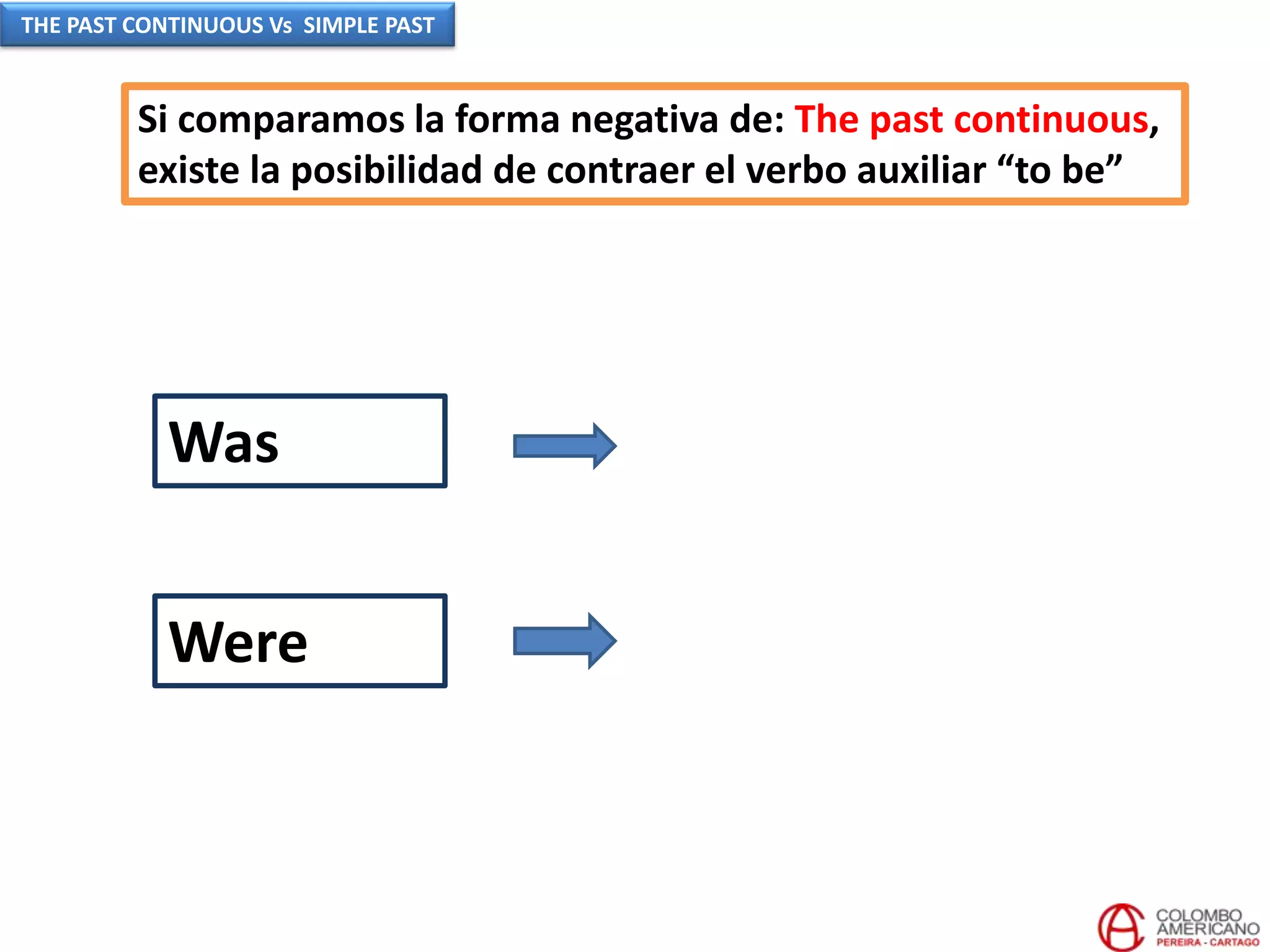 Was
Were
Si comparamos la forma negativa de: The past continuous,
existe la posibilidad de contraer el verbo auxiliar “to be”
THE PAST CONTINUOUS Vs SIMPLE PAST
 