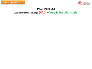 THE PAST PERFECTTHE PAST PERFECT
PAST PERFECT
Auxiliary “HAVE” in PAST (HAD) + Verb in Past Participle
 