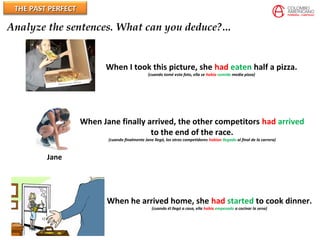 THE PAST PERFECTTHE PAST PERFECT
Analyze the sentences. What can you deduce?…
When I took this picture, she had eaten half a pizza.
(cuando tomé esta foto, ella se había comido media pizza)
Jane
When Jane finally arrived, the other competitors had arrived
to the end of the race.
(cuando finalmente Jane llegó, los otros competidores habían llegado al final de la carrera)
When he arrived home, she had started to cook dinner.
(cuando él llegó a casa, ella había empezado a cocinar la sena)
 