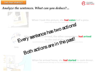 THE PAST PERFECTTHE PAST PERFECT
Analyze the sentences. What can you deduce?…
When I took this picture, she had eaten half a pizza.
(cuando tomé esta foto, ella se había comido media pizza)
Jane
When Jane finally arrived, the other competitors had arrived
to the end of the race.
(cuando finalmente Jane llegó, los otros competidores habían llegado al final de la carrera)
When he arrived home, she had started to cook dinner.
(cuando finalmente Jane llegó, los otros competidores habían llegado al final de la carrera)
Every sentencehastwo actions!
Every sentencehastwo actions!
Both actionsarein thepast!
Both actionsarein thepast!
 
