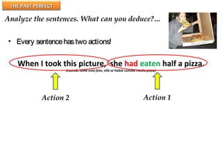 THE PAST PERFECTTHE PAST PERFECT
Analyze the sentences. What can you deduce?…
When I took this picture, she had eaten half a pizza.
(cuando tomé esta foto, ella se había comido media pizza)
Action 1Action 2
• Every sentencehastwo actions!Every sentencehastwo actions!
 