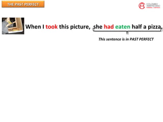 THE PAST PERFECTTHE PAST PERFECT
When I took this picture, she had eaten half a pizza.
This sentence is in PAST PERFECT
 