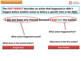 THE PAST PERFECTTHE PAST PERFECT
I did not have any money because I had lost my wallet.
What action happened first?
What action happened second?
What tense is the first action?
Past Perfect
What tense is the second action?
Simple Past
The PAST PERFECT describes an action that happened or didn´t
happen before another action or before a specific time in the PAST.
 