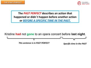 THE PAST PERFECTTHE PAST PERFECT
Kristine had not gone to an opera concert before last night.
This sentence is in PAST PERFECT Specific time in the PAST
The PAST PERFECT describes an action that
happened or didn´t happen before another action
or BEFORE A SPECIFIC TIME IN THE PAST.
 