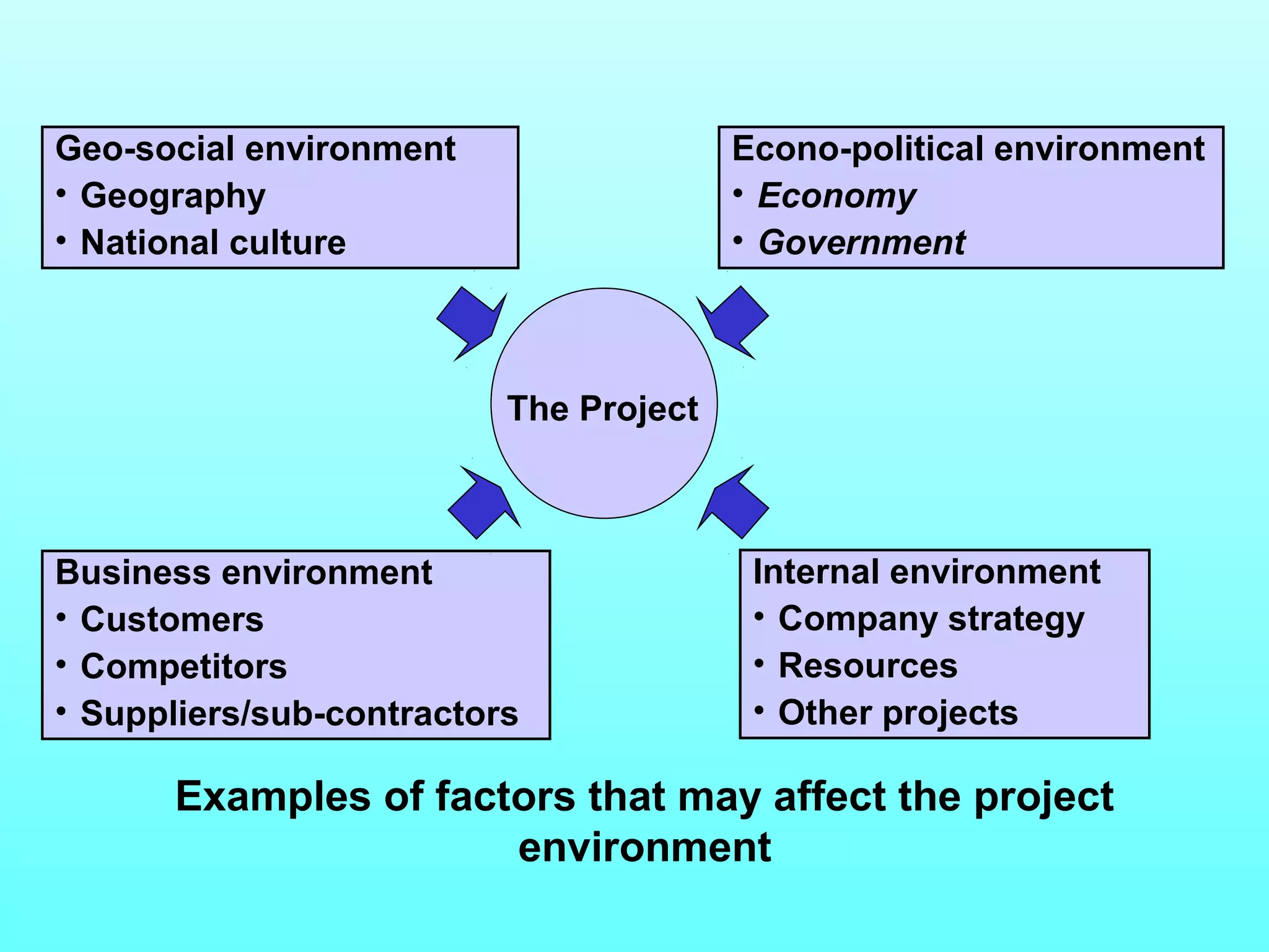 Geo-social environment 
• Geography 
• National culture 
Econo-political environment 
• Economy 
• Government 
Business environment 
• Customers 
• Competitors 
• Suppliers/sub-contractors 
Internal environment 
• Company strategy 
• Resources 
• Other projects 
The Project 
Examples of factors that may affect the project 
environment 
 