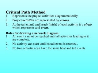Critical Path Method 
1. Represents the project activities diagrammatically. 
2. Project activities are represented by arrows. 
3. At the tail (start) and head (finish) of each activity is a circle 
which represents and event. 
Rules for drawing a network diagram: 
1. An event cannot be reached until all activities leading to it 
are complete. 
2. No activity can start until its tail event is reached . 
3. No two activities can have the same heat and tail events 
 
