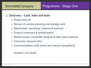 Programme - Stage One Discovery – Look, listen and learn Project kick-off Review of existing planning and strategy work Stakeholder ‘soundings’ (internal & external) Product immersion & familiarisation Market review, competitor analysis & other desk research Consumer research (tbc) Communications audit (direct and indirect competitors) Duration: 6-8 weeks 