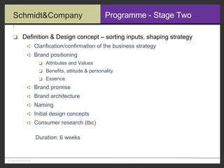 Programme - Stage Two Definition & Design concept – sorting inputs, shaping strategy Clarification/confirmation of the business strategy Brand positioning Attributes and Values Benefits, attitude & personality Essence Brand promise Brand architecture Naming Initial design concepts Consumer research (tbc) Duration: 6 weeks 