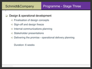 Programme - Stage Three Design & operational development Finalisation of design concepts Sign-off and design freeze Internal communications planning Stakeholder presentations Delivering the promise - operational delivery planning Duration: 6 weeks 