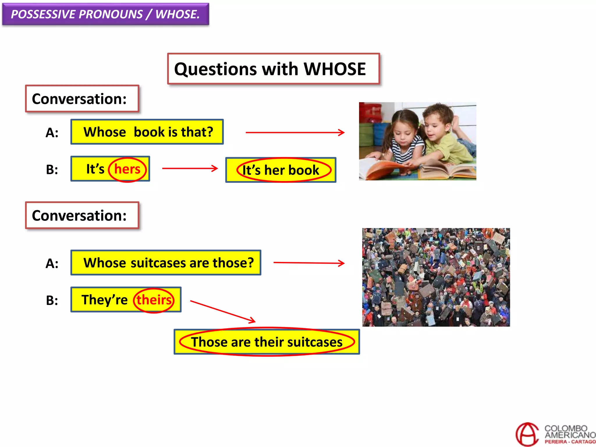 POSSESSIVE PRONOUNS / WHOSE.
Questions with WHOSE
Whose book is that?A:
Conversation:
It’s hersB:
Whose suitcases are those?A:
They’re theirsB:
Conversation:
It’s her book
Those are their suitcases
 