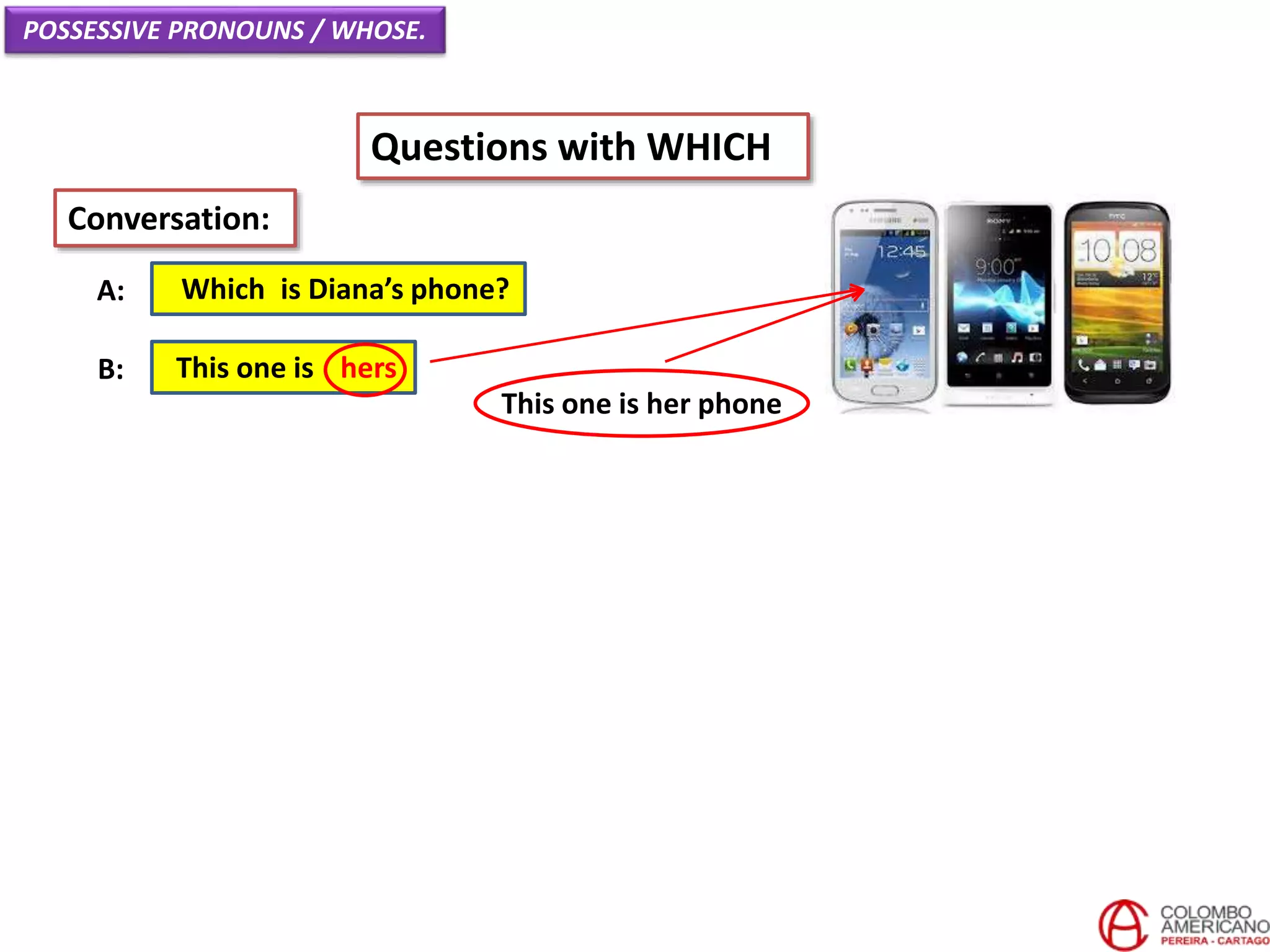 POSSESSIVE PRONOUNS / WHOSE.
Questions with WHICH
Which is Diana’s phone?A:
Conversation:
This one is hersB:
This one is her phone
 