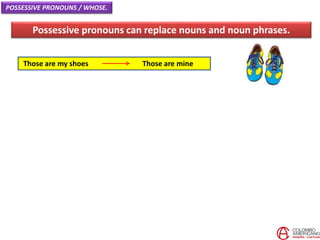 Those are my shoes Those are mine
Possessive pronouns can replace nouns and noun phrases.
POSSESSIVE PRONOUNS / WHOSE.
 