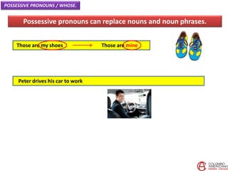 Those are my shoes Those are mine
Possessive pronouns can replace nouns and noun phrases.
POSSESSIVE PRONOUNS / WHOSE.
Peter drives his car to work
 