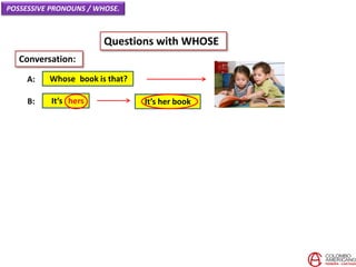 POSSESSIVE PRONOUNS / WHOSE.
Questions with WHOSE
Whose book is that?A:
Conversation:
It’s hersB: It’s her book
 