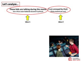 Let’s analyze…
Those kids are talking during the movie.
Esos chicos estan hablando durante la película.
(I am annoyed by that)
(Estoy molesto por eso)
Idea 1 Idea 2
 