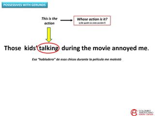 Those kids’ talking during the movie annoyed me.
Esa “habladera” de esos chicos durante la película me molestó
This is the
action
Whose action is it?
(¿De quién es esta acción?)
POSSESSIVES WITH GERUNDS
 