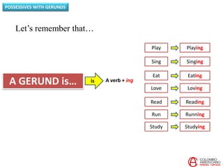 POSSESSIVES WITH GERUNDS
Let’s remember that…
A GERUND is… is A verb + ing
Play Playing
Sing Singing
Eat Eating
Love Loving
Read Reading
Run Running
Study Studying
 
