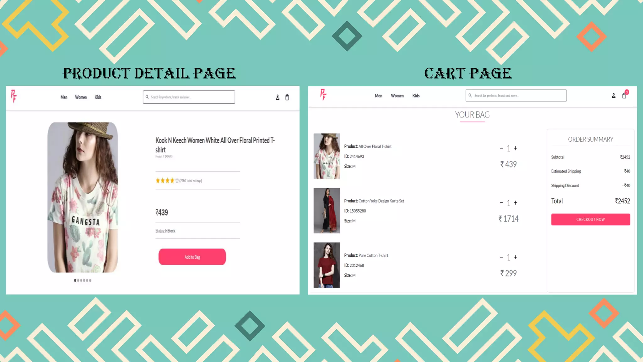 Product detail page Cart Page
 