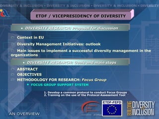ETDF / VICEPRESIDENCY OF DIVERSITY


     • DIVERSITY RESEARCH: Proposal for discussion

   Context in EU
   Diversity Management Initiatives: outlook
  Main issues to implement a successful diversity management in the
organizations

      • DIVERSITY RESEARCH: Goals and main steps
   ABSTRACT
 OBJECTIVES
 METHODOLOGY FOR RESEARCH: Focus Group
           FOCUS GROUP SUPPORT SYSTEM

                    1. Develop a common protocol to conduct Focus Groups
                    2. Training on the use of the Protocol Assessment Tool
 