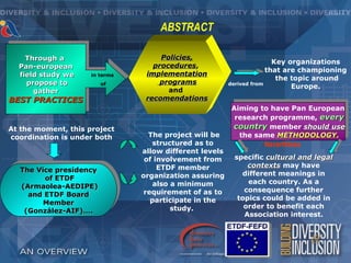 ABSTRACT

    Through a                        Policies,
                                     Policies
                                                                        Key organizations
  Pan-european                     procedures,
                                   procedures
                                                                      that are championing
  field study we     in terms    implementation
                                                                         the topic around
    propose to          of           programs            derived from
                                                                             Europe.
      gather                           and
BEST PRACTICES                   recomendations
                                                         Aiming to have Pan European
                                                          research programme, every
At the moment, this project                              country member should use
coordination is under both        The project will be      the same METHODOLOGY.
                                    structured as to               Neverthless
                                allow different levels
                                 of involvement from      specific cultural and legal
                                     ETDF member              contexts may have
  The Vice presidency
                                organization assuring       different meanings in
        of ETDF
                                    also a minimum            each country. As a
  (Armaolea-AEDIPE)
                                 requirement of as to        consequence further
    and ETDF Board
                                   participate in the      topics could be added in
        Member
                                         study.              order to benefit each
   (González-AIF)….
                                                             Association interest.
 