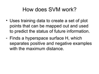 How does SVM work? Uses training data to create a set of plot points that can be mapped out and used to predict the status of future information. Finds a hyperspace surface H, which separates positive and negative examples with the maximum distance. 