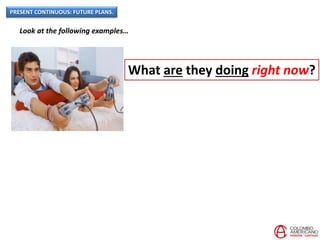 PRESENT CONTINUOUS: FUTURE PLANS.
Look at the following examples…
What are they doing right now?
 