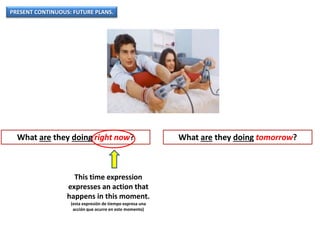 PRESENT CONTINUOUS: FUTURE PLANS.
What are they doing right now? What are they doing tomorrow?
This time expression
expresses an action that
happens in this moment.
(esta expresión de tiempo expresa una
acción que ocurre en este momento)
 