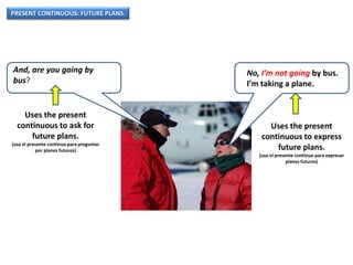 PRESENT CONTINUOUS: FUTURE PLANS.
And, are you going by
bus?
No, I’m not going by bus.
I’m taking a plane.
Uses the present
continuous to ask for
future plans.
(usa el presente continuo para preguntar
por planes futuros)
Uses the present
continuous to express
future plans.
(usa el presente continuo para expresar
planes futuros)
 