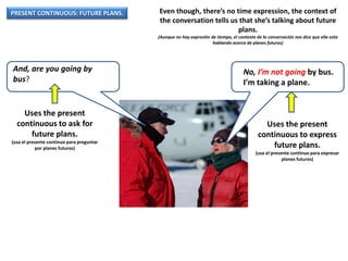 PRESENT CONTINUOUS: FUTURE PLANS.
And, are you going by
bus?
No, I’m not going by bus.
I’m taking a plane.
Uses the present
continuous to ask for
future plans.
(usa el presente continuo para preguntar
por planes futuros)
Uses the present
continuous to express
future plans.
(usa el presente continuo para expresar
planes futuros)
Even though, there’s no time expression, the context of
the conversation tells us that she’s talking about future
plans.
(Aunque no hay expresión de tiempo, el contexto de la conversación nos dice que ella esta
hablando acerca de planes futuros)
 