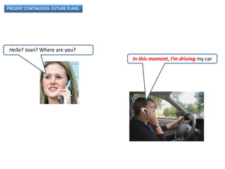 PRESENT CONTINUOUS: FUTURE PLANS.
Hello? Joan? Where are you?
In this moment, I’m driving my car
 