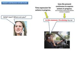 PRESENT CONTINUOUS: FUTURE PLANS.
Hello? Joan? Where are you?
In this moment, I’m driving my car
Uses the present
continuous to express
actions in progress.
(usa el presente continuo para expresar
acciones en progreso)
Time expression for
actions in progress.
 