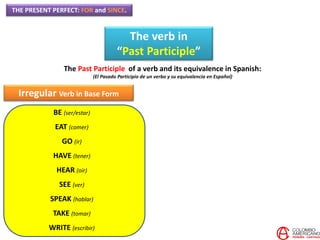 THE PRESENT PERFECT: FOR and SINCE.
The verb in
“Past Participle”
The Past Participle of a verb and its equivalence in Spanish:
(El Pasado Participio de un verbo y su equivalencia en Español)
Irregular Verb in Base Form
BE (ser/estar)
EAT (comer)
GO (ir)
HAVE (tener)
HEAR (oír)
SEE (ver)
SPEAK (hablar)
TAKE (tomar)
WRITE (escribir)
 