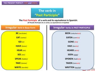 THE PRESENT PERFECT: FOR and SINCE.
The verb in
“Past Participle”
The Past Participle of a verb and its equivalence in Spanish:
(El Pasado Participio de un verbo y su equivalencia en Español)
Irregular Verb in Base Form
BE (ser/estar)
EAT (comer)
GO (ir)
HAVE (tener)
HEAR (oír)
SEE (ver)
SPEAK (hablar)
TAKE (tomar)
WRITE (escribir)
Irregular Verbs in PAST PARTICIPLE
BEEN (sido/estado)
EATEN (comido)
GONE (ido)
HAD (tenido)
HEARD (oído)
SEEN (visto)
SPOKEN (hablado)
TAKEN (tomado)
WRITTEN (escrito)
 