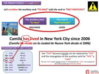 THE PRESENT PERFECT: FOR and SINCE.
Let’s combine the auxiliary verb “TO HAVE” with the verb in “PAST PARTICIPLE”.
The Auxiliary Verb
“To Have”
The verb in
“Past Participle”
HAS/HAVE LIVED
Use “HAS” because Camila can be replaced by “SHE”
and the conjugation of the auxiliary verb for “SHE” is
“HAS”
(Se usa “HAS” porque Camila puede ser reemplazada por “SHE” y la conjugación
del verbo auxiliar para “SHE” es “HAS”)
Camila has lived in New York City since 2006
(Camila ha vivido en la ciudad de Nueva York desde el 2006)
 