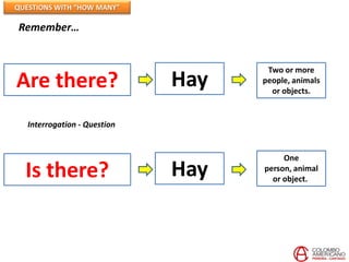 QUESTIONS WITH “HOW MANY”

Remember…


                                     Two or more
Are there?                    Hay   people, animals
                                      or objects.


   Interrogation - Question


                                         One
  Is there?                   Hay   person, animal
                                      or object..
 