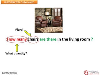 QUESTIONS WITH “HOW MANY”




              Plural

     How many chairs are there in the living room ?


    What quantity?




Quantity=Cantidad
 
