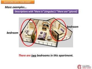 QUESTIONS WITH “HOW MANY”

More examples…
         Descriptions with “there is” (singular) / “there are” (plural)




                                                            bedroom
  bedroom




             There are two bedrooms in this apartment.
 