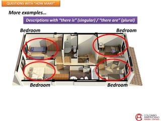 QUESTIONS WITH “HOW MANY”

More examples…
         Descriptions with “there is” (singular) / “there are” (plural)

      Bedroom                                               Bedroom




           Bedroom                                     Bedroom
 