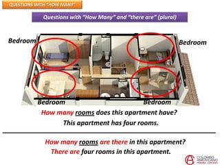 QUESTIONS WITH “HOW MANY”

            Questions with “How Many” and “there are” (plural)


Bedroom                                                          Bedroom




          Bedroom                          Bedroom
           How many rooms does this apartment have?
                 This apartment has four rooms.

             How many rooms are there in this apartment?
              There are four rooms in this apartment.
 