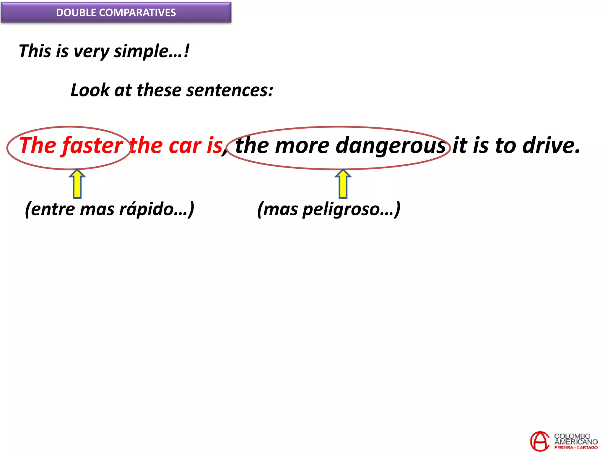 DOUBLE COMPARATIVES
This is very simple…!
Look at these sentences:
The faster the car is, the more dangerous it is to drive.
(entre mas rápido…) (mas peligroso…)
 